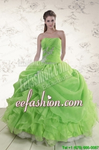 2015 Popular Strapless Appliques Quinceanera Dresses in Spring Green
