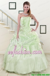 2015 Popular Strapless Yellow Green Quinceanera Gowns with Beading