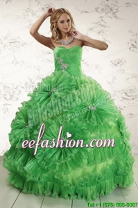 2015 Popular Sweetheart Green Quinceanera Dresses with Appliques and Ruffles