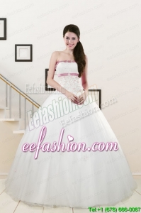 2015 Pretty Strapless Appliques and Belt Quinceanera Dresses in White