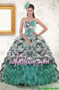 2015 Pretty Turquoise Sweep Train Quinceanera Dresses with Beading and Picks Ups