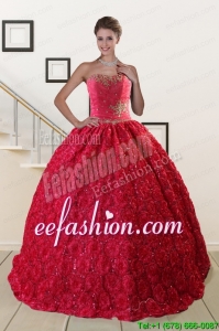 Customize Rolling Flower Beading 2015 Quinceanera Dresses in Coral Red