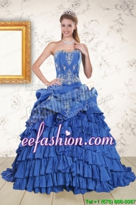 Discount Royal Blue Appliques and Pick Ups Quinceanera Dresses with Brush Train