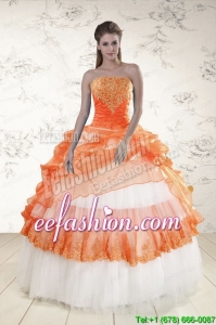 In Stock Strapless Appliques and Beaded Quinceanera Dresses in Orange
