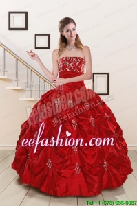 In Stock Sweetheart Appiques and Beaded 2015 Quinceanera Dresses in Red