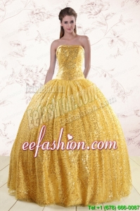 Popular Yellow Sequined Quinceanera Dress with Strapless