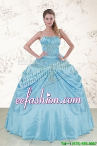 2015 Discount Aqua Blue Strapless Sweet 16 Dress with Appliques
