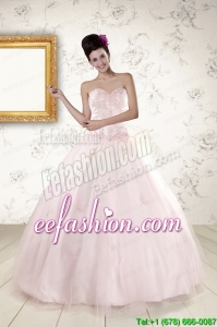 2015 Modest Light Pink Quinceanera Dresses with Appliques