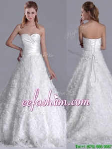 Affordable A Line Brush Train Ruched Wedding Gown with Rolling Flowers
