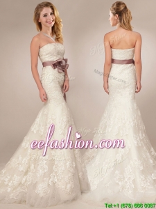 Classical Mermaid Strapless Side Zipper Wedding Dresses with Lace and Sashes