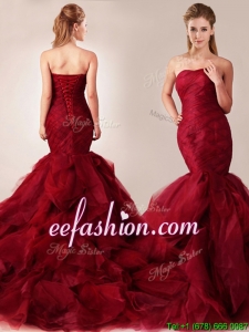 Classical Mermaid Sweetheart Tulle Ruffles Wedding Dresses in Wine Red