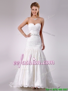 Elegant Mermaid Beaded and Bowknot Laced Vintage Wedding Dresses with Brush Train