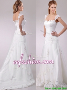 Exquisite Square Tulle Mermaid Brush Train Wedding Dress with Beading