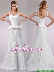Fashionable Column V Neck Court Wedding Dresses Dress in Lace