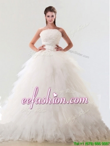 Fashionable Strapless Tulle Modest Wedding Dresses with Beading and Ruffles