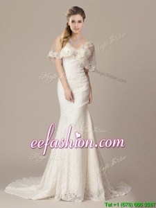 Gorgeous Mermaid V Neck Court Train Short Sleeves Wedding Dresses with Lace and Appliques