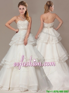 Lovely A-line Brush Train Wedding Dresses with Beading and Ruffles Layers