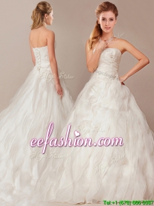 Modest A Line Brush Train Wedding Dresses with Beading and Ruffles