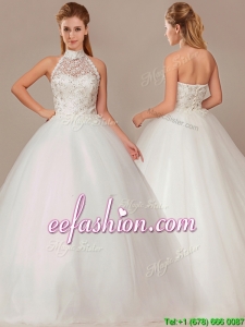 Modest Ball Gown High Neck Wedding Dresses with Beading and Appliques