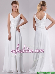 Most Popular Empire V Neck Chiffon Beaded Vintage Wedding Dresses with Sweep Train