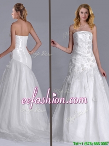 Popular Column Brush Train Wedding Dresses with Beading and Hand Crafted