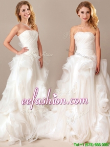 Simple Ball Gown Sweetheart Ruched and Rolling Flowers Wedding Dresses with Brush Train