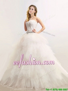 Sophisticated Strapless Feathered and Beaded Wedding Dresses in Tulle