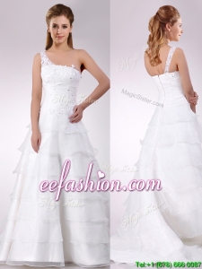Top Selling One Shoulder Beaded and Ruffled Layered Zipper Up Wedding Dress with Brush Train