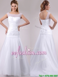 Wonderful Column Cap Sleeves Beaded and Ruched Wedding Dress in Tulle