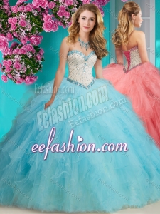 Affordable Beaded and Ruffled Organza Puffy Quinceanera Gowns with Big Puffy