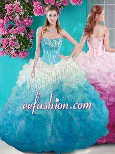 Beautiful Beaded Bust White and Blue Fashionable Quinceanera Dresses in Organza