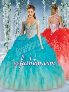 Beautiful Deep V Neck Big Puffy Quinceanera Gown with Beaded Decorated Cap Sleeves