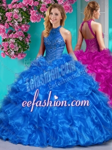 Beautiful Halter Top Beaded and Ruffled Puffy Quinceanera Gowns in Royal Blue