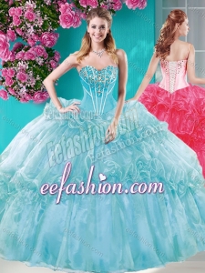 Big Puffy Ruffled Turquoise Fashionable Quinceanera Dresses with Beaded Bodice