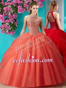 Elegant Halter Top Beaded and Applique Puffy Quinceanera Gowns in Orange Red