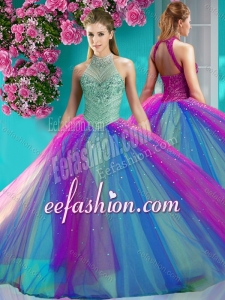 Exclusive Halter Top Really Puffy Sweet 16 Dress with Beading and Appliques
