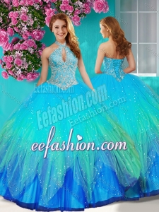 Fashionable Halter Top Rainbow Puffy Quinceanera Gowns with Beading and Appliques