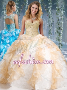 Fashionable Organza and Rolling Flowers Big Puffy Quinceanera Dress in Champagne and White