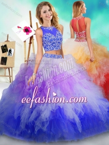 Fashionable See Through Beaded and Ruffled Quinceanera Dress in Rainbow Colored