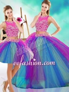 Lovely Beaded Scoop Tulle Detachable Quinceanera Gown in Rainbow Colored