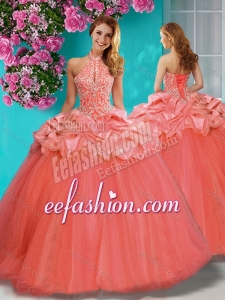 Lovely Beaded and Ruffled Big Puffy Quinceanera Dress with Halter Top