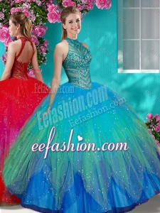 Luxurious See Through Halter Top Quinceanera Dress with Beading and Appliques