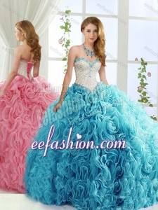 Modest Brush Train Beaded Baby Blue Detachable Sweet 15 Gowns in Rolling Flowers