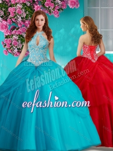 Modest Halter Top Brush Train Puffy Quinceanera Gowns with Beading and Appliques