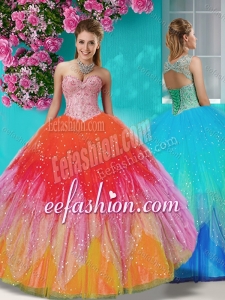 New Style Rainbow Beaded and Applique Puffy Quinceanera Gowns with Detachable Straps