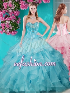 Perfect Puffy Skirt Beaded and Ruffled Puffy Quinceanera Gowns in Aqua Blue