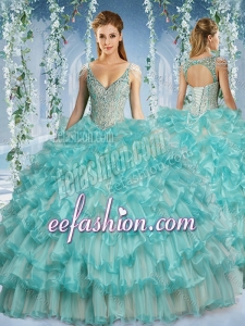 Popular Deep V Neck Big Puffy Sweet 16 Dress with Beaded Decorated Cap Sleeves