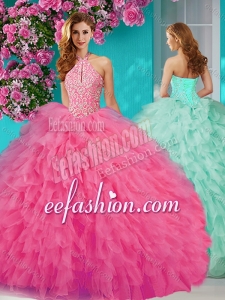 Popular Halter Top Tulle Rose Pink Quinceanera Dress with Beading and Ruffles