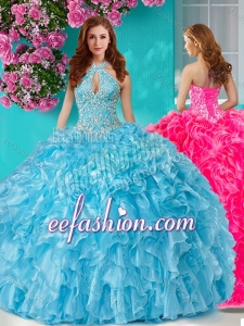 Pretty Beaded and Ruffled Big Puffy Quinceanera Gown with Halter Top