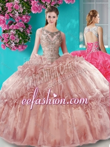 Really Puffy Beaded Bodice Scoop Organza Fashionable Quinceanera Dresses in Brown